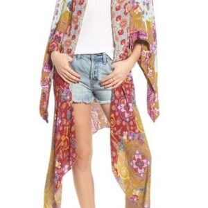 Free People Little Wing Mix Print Kimono One Size Blue Pink multicolor